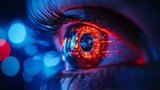 Human-cyborg hybrid eye, showing dilated pupil, inflamed eyelid, digital retina display, neural connections to optic nerve, futuristic color vision, hyper-realistic style