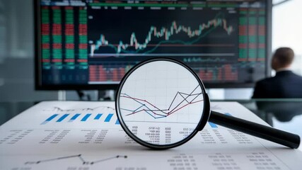 Poster - A magnifying glass focuses on financial data with stock charts in the background.