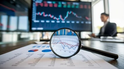 Poster - A business setting with a magnifying glass over financial charts and a blurred figure in background.
