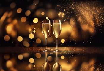 Two champagne flutes filled to the brim stand side-by-side against a dark background illuminated by golden bokeh lights and glitter.