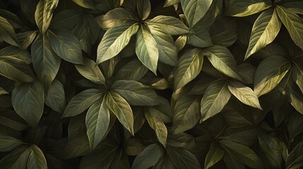 Wall Mural - 2410 39.A natural arrangement of dark green leaves, densely packed and highlighted by soft, diffused light. The veins and textures of the leaves are clearly defined, giving the image a sense of depth