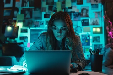 Poster - Focused Woman Working on a Laptop in a Blue-Lit Room.