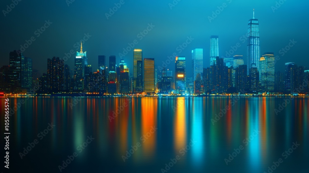 Illuminated city skyline at night with vibrant lights reflecting on ...