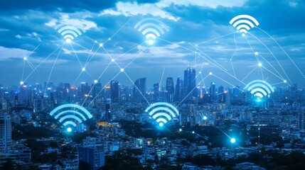 Fototapete - Cityscape with Digital Connectivity and Wi-Fi Symbols