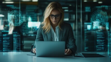 Poster - Businesswoman Working on Laptop in Modern Office.