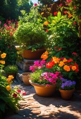 Naklejka na meble vibrant flowering potted plants bright sunlit garden corner surrounded green foliage lively colors, sunlight, bloom, nature, outdoor, vegetation, decoration