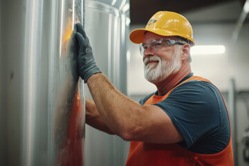 professional plumber wearing safety gear and hard hat, smiling while working on water heater. His expertise ensures efficient maintenance and safety