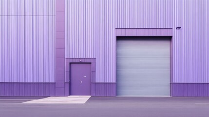 Purple Warehouse Door: A minimalist architectural photograph featuring a large, industrial door against a striking purple corrugated metal wall.