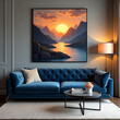 © Passion - Painting of a mountain range with a sun setting in the background