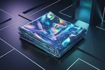 Poster - Folded holographic foil cloth resting on futuristic surface with neon lights