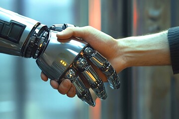 Businessman shaking hands with a robot, symbolizing collaboration, innovation, and the future of work in a futuristic office environment