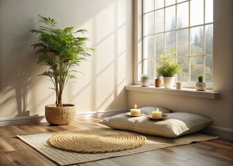 Sticker - Create a serene meditation corner with a woven mat, embracing simplicity. Enhance your home with tranquil decor, natural elements, and a peaceful ambiance for mindfulness.