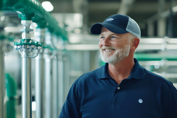 Technician smiling while inspecting water heater overflow prevention system, showcasing expertise and confidence in modern facility