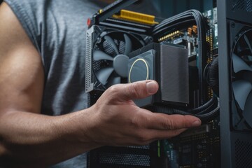 Poster - Technician installing cpu cooler inside computer case