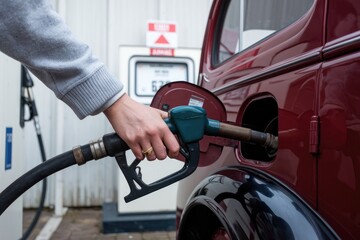 Woman refueling classic car at gas station, holding fuel pump nozzle