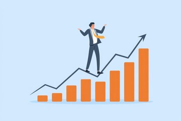 Poster - Businessman walking upward trend chart celebrating successful career growth