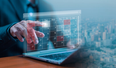Fototapete - plan schedule calendars online on a laptop. timeline design on technology digital concept, arranging appointment agendas in business, managing a planning meeting