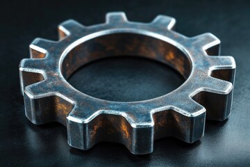 Leinwandbilder - Rusty metal gear rotating on dark background symbolizing industrial processes