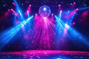 Aufkleber - Disco ball hanging over empty stage illuminated by blue and pink lights