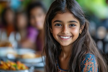 Portrait of smiling indian girl with long dark hair enjoying a meal