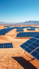 Solar panels in a vast desert landscape under clear blue skies solar panel Ultra realistic Photorealistic 