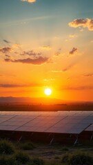 Stunning sunset over solar panels in a vast landscape showcasing renewable energy and nature's beauty in harmony ideal for environmental awareness solar panel Ultra realistic Photorealistic 