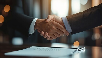 Close-up of a handshake between two suited individuals, conveying trust and professionalism. In the backdrop, soft light creates a warm, inviting atmospherea moment of agreement.