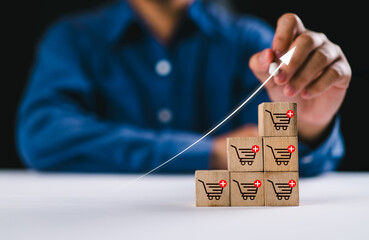 Aufkleber - Wooden cubes with shopping cart icons and increasing trend-up graph. Increase higher sale volume and shopping trolley cart for online ecommerce business and internet marketing strategy concept.