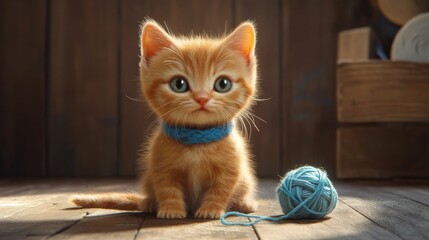 Poster - Cute Kitten with Yarn Ball in a Cozy Setting