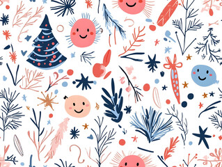 Poster - A cute Christmas-themed pattern with smiley faces, a pastel pink background, Christmas trees, and stars.