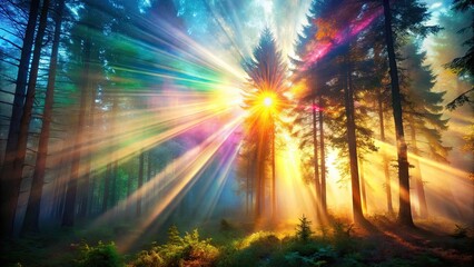 Wall Mural - Abstract image of colorful light rays shining through misty forest atmosphere, light rays, vibrant, ethereal, fantasy, mystical