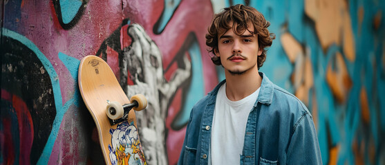 Young Man with Skateboard Against Graffiti Wall, Urban Lifestyle Portrait, Youth Culture, Street Style Photography, Modern Fashion, Skater Aesthetic, Outdoor Urban Setting