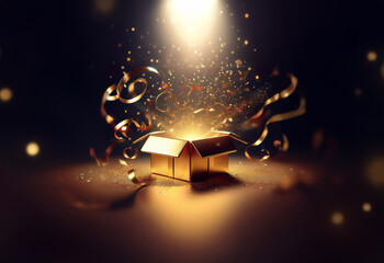 An open golden gift box with a spotlight shining down on it and golden confetti and ribbons bursting from inside.