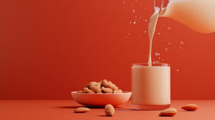Poster - Creamy Almond Milk Pouring with Almonds on Table
