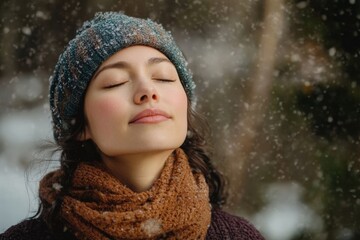 Woman breathing fresh air with closed eyes during snowfall in a winter forest