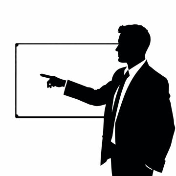 A businessman silhouette pointing towards a whiteboard