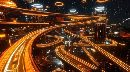 Sticker - A multi-level futuristic highway system, crisscrossing through a neon-lit cityscape under an artificial sky filled with floating platforms