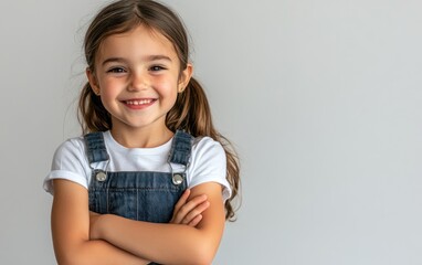 Portrait of a happy Asian girl child in overalls and a white t-shirt, standing with arms crossed, isolated on a gray background.