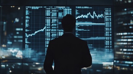 A businessman standing in front of a large screen displaying