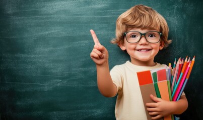 A cute little boy wearing glasses and holding school supplies is standing in front of the blackboard, smiling with his finger pointing at it.