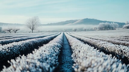 tea plants covered with a thin layer of frost during a chilly winter day, with a clear blue sky and distant hills 