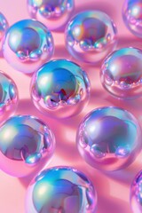 Poster - Many iridescent pastel rainbow glass balls are reflecting on a pink background