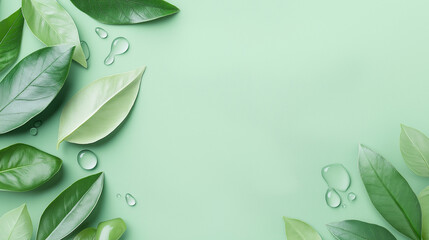 Canvas Print - Fresh green leaves and water droplets on a light green background.