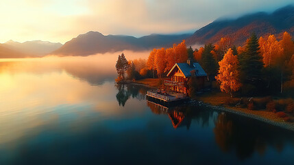 Aerial view of a cabin on the shore of a lake in autumn, with mountains and trees displaying orange leaves