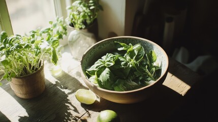 Fresh Basil and Lime in Rustic Wooden Bowl