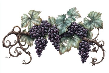 Wall Mural - Beautiful illustration showcasing ripe dark purple grapes hanging from a vine with ornate, swirling branches and lush green leaves