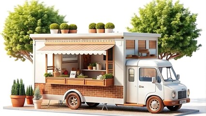 Picture of food minitruck, white background, 8bit isometric, illustration, 3d render, vibrant.