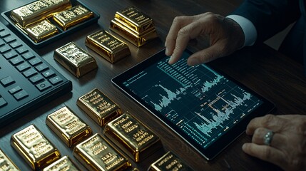 Poster - a clean, organized desk featuring gold bars and a tablet with market trends, representing the fusion