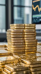 Poster - A luxury office with gold bullion displayed prominently, sleek charts and financial analysis software on the screens, calm and sophisticated environment