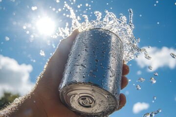 Hand holding a can of soda in the air,  water splashing , on a sunny day